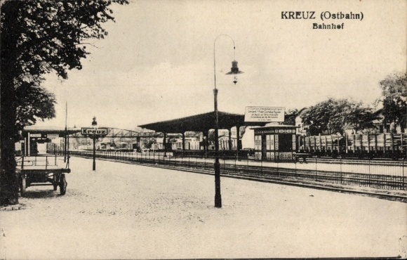 Postcard Krzyż Kreuz Ostbahn Pommern, station, track side