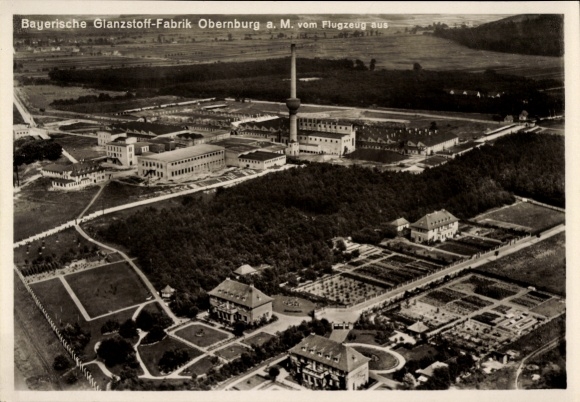 Postcard Obernburg am Main Lower Franconia, aerial photograph, Bavarian Glanzstoff Factory