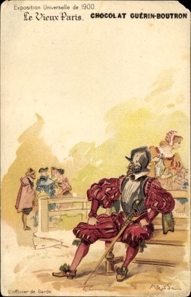 Artysta lito Robida, Le vieux Paris, Expo 1900, Chocolat Guerin Boutron, L'Officier de Garde