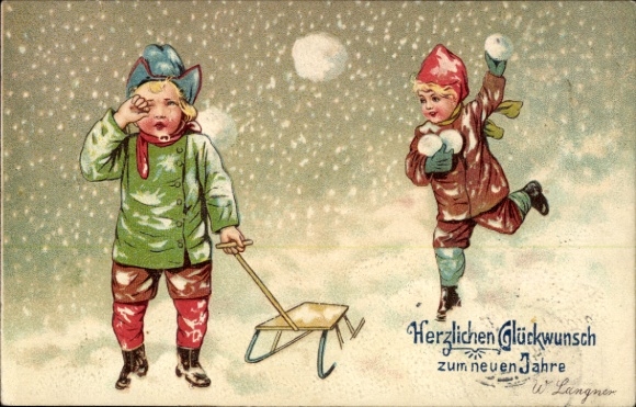 Happy New Year, children, sleigh, snowball fight