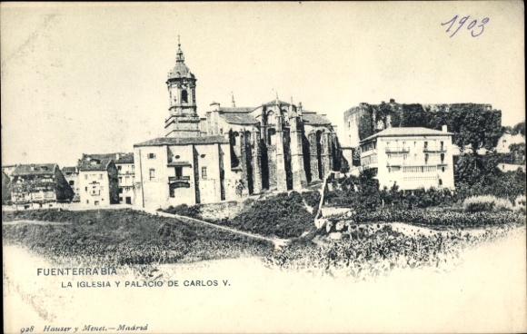 Postcard Hondarribia Fuenterrabia Basque Country, The Church and Palace of Charles V.