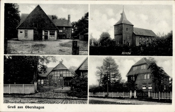 Postcard Obershagen Uetze in Lower Saxony, front view of commercial building, church, several buildings