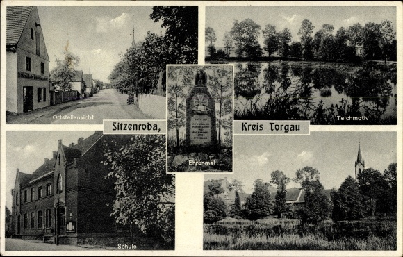 KP Sitzenroda Belgern Schildau w północnej Saksonii, widok na dzielnicę, motyw stawu, szkoła