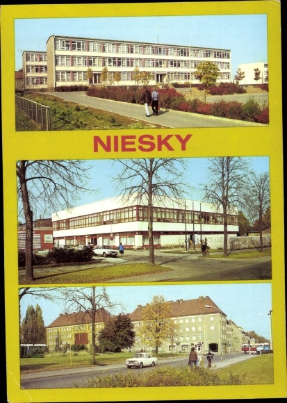 Postcard Niesky in Oberlausitz, Herbert Balzer High School, Kulturhaus, Zinzendorfplatz, HOG Pizza