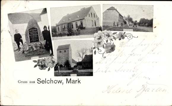 Postcard Selchow Storkow in the Mark, church, memorial stone, street section