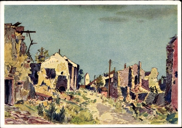 Künstler Ak Graf, Karl, Biringen Rehlingen Siersburg, Zerstörte Ortschaft, KDF