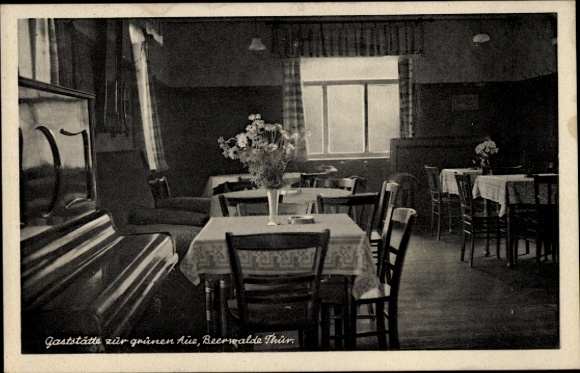 Postcard Beerwalde Löbichau in Thuringia, restaurant on the green Aue, interior view, piano