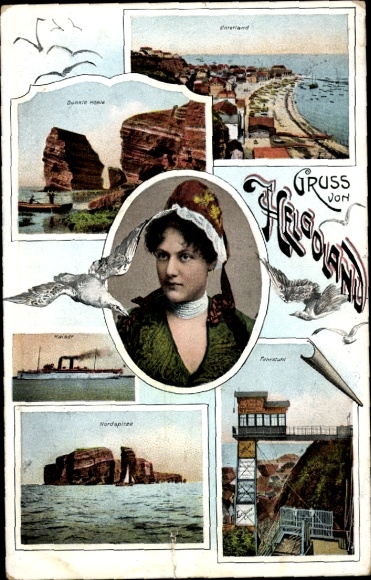 KP Helgoland w Szlezwiku-Holsztynie, ciemna jaskinia, północny kraniec, tradycyjne stroje, winda