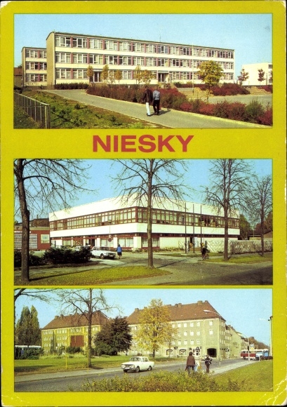 Postcard Niesky in Oberlausitz, Herbert Balzer High School, Kulturhaus, Zinzendorfplatz, HOG Pizza