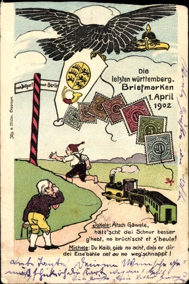 Briefmarken Ak Die letzten württembergischen Briefmarken, 1 April 1902, Deutscher Adler, Dt. Michel