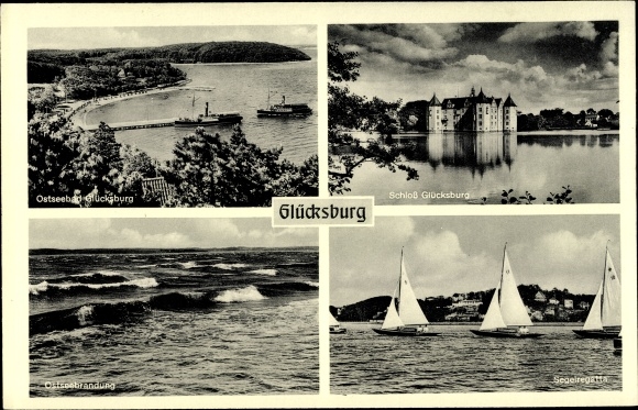 Postcard Glücksburg on the Baltic Sea, castle, sailing regatta, surf