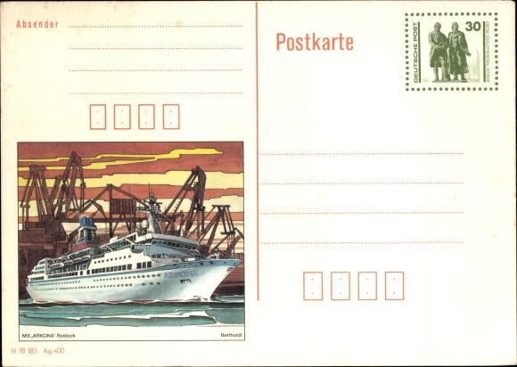Postal stationery PC passenger ship MS Arkona, Rostock, shipyard