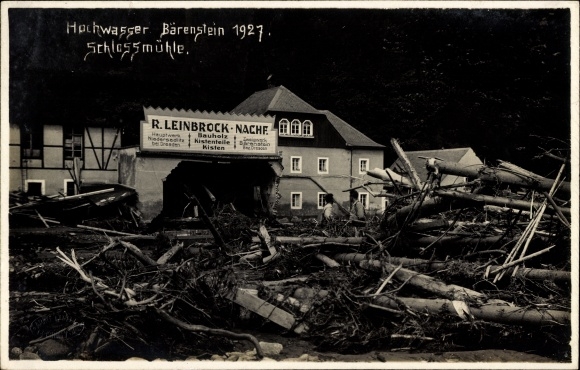 Photo Postcard Bärenstein Altenberg Erzgebirge, flood 1927, destroyed castle mill, lumber shop