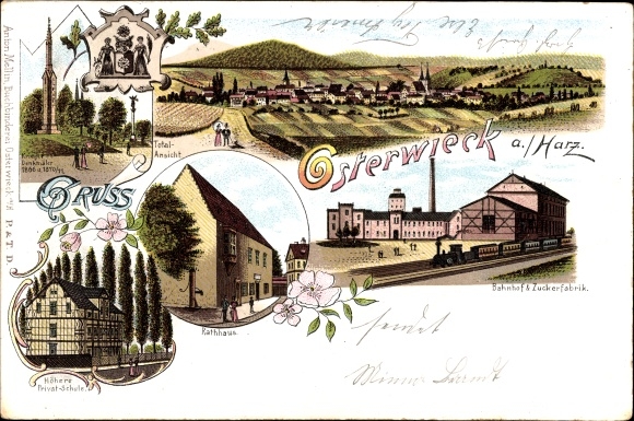Chromo-Litho Osterwieck am Harz, panorama, monument, private school, town hall, train station, sugar factory
