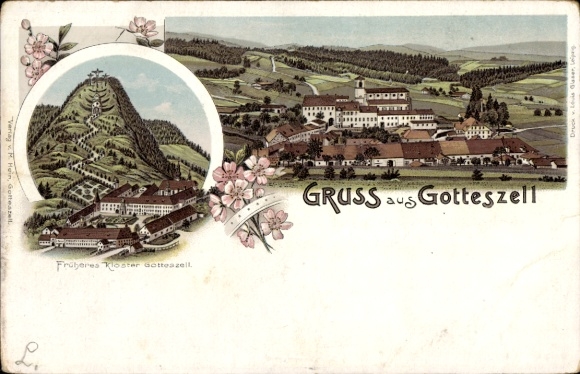 Chromo-Litho Gotteszell in Lower Bavaria, general view, former monastery