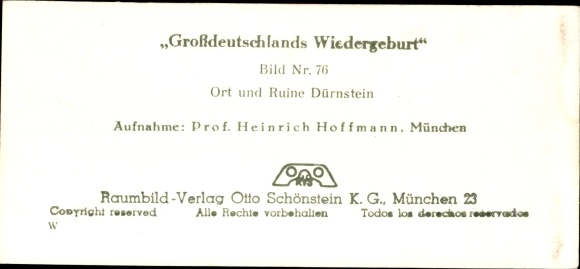 Stereo spatial image photo &quot;Greater Germany&#39;s rebirth&quot;, No. 76, place and ruin Dürnstein