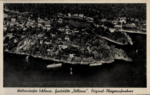 Ak Woltersdorf bei Berlin, Woltersdorfer Schleuse, Gaststätte Bellevue, Fliegeraufnahme