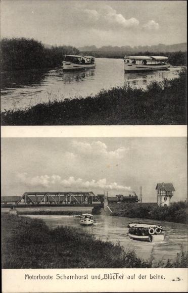 Postcard Rehten Laatzen on a leash, motor boats Scharnhorst and Blücher