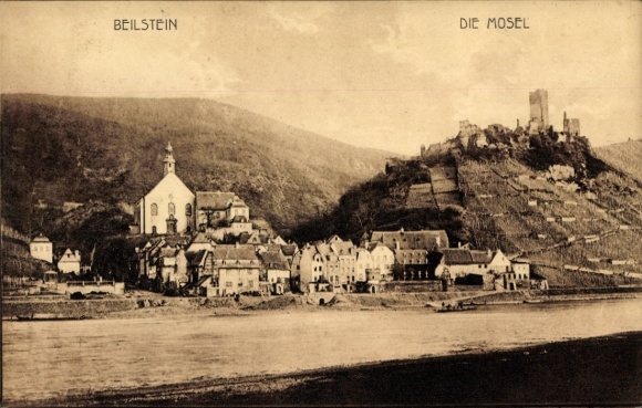 Postcard Beilstein on the Moselle, general view, church, ruins