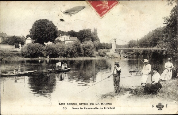 Postcard Créteil Val de Marne, anglers, boats, bridge, riverside landscape,