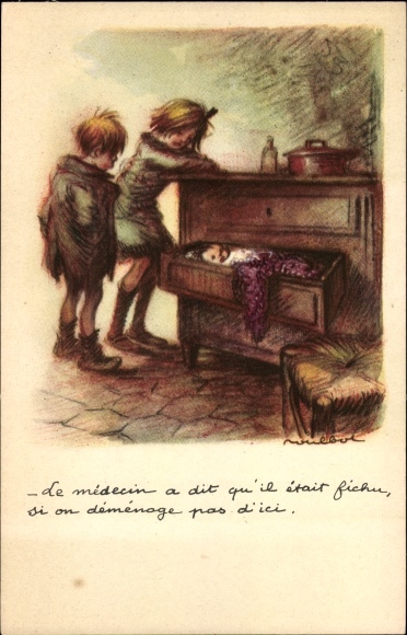Artist Postcard Poulbot, Franciscque, Baby im Schubkasten, The doctor said he was done for