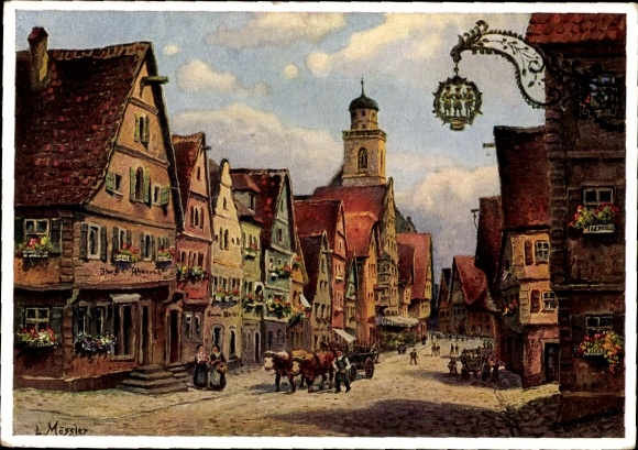 Artist Postcard Mößler, Ludwig, Dinkelsbühl in Middle Franconia, gabled houses in Segringer Straße