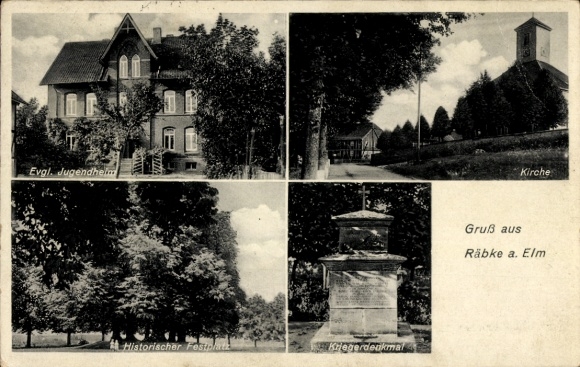 Postcard Räbke Nord Elm Lower Saxony, youth center, fairground, war memorial, church