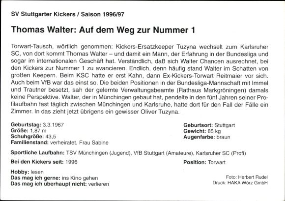 Autograph card footballer Thomas Walter, SV Stuttgarter Kickers, autograph