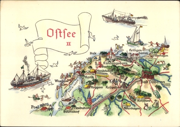 Postcard Börgerende Rethwisch on the Baltic Sea, map of the ships, places like Heiligen Damm, Kühlungsbor...
