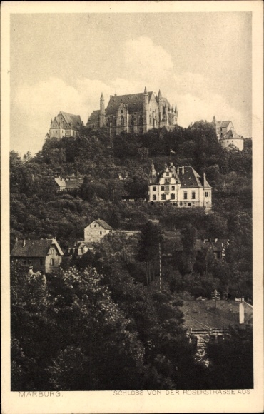 Postcard Marburg an der Lahn, castle from Roserstraße, black and white photo