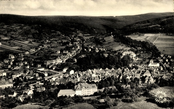 Postcard Bad Orb in the Spessart, Wegscheide, aerial view of the Haseltal, holiday greetings from Toni, beautiful