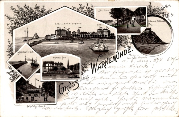 Forerunner lito Nadbałtycki kurort Warnemünde Rostock, wejście do portu, hotel, Schweizerhaus, 1894