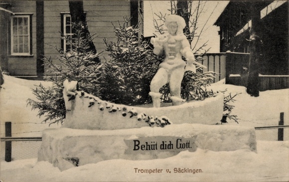 Postcard Clausthal Zellerfeld, snow structures at the XV. Winter Festival of the Ski Club, trumpeter from Säckingen