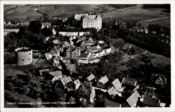 Postcard Lichtenberg Fischbachtal in the Odenwald, aerial photograph, castle