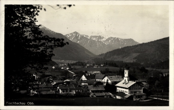 Postcard Fischbachau in Upper Bavaria, mountain landscape, village view with church, Schneeberg in the background