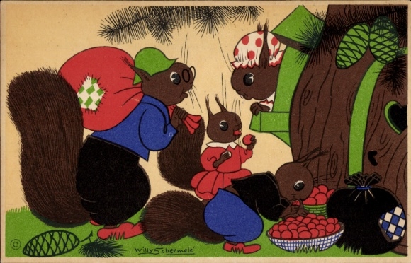 Artist Postcard Schermelé, Willy, squirrel humanized, nuts