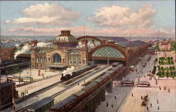 Postcard Dresden Altstadt, Hauptbahnhof, Train, Tram, Panorama