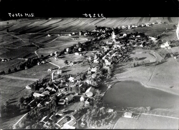 Postcard Chieming am Chiemsee, Upper Bavaria, aerial photograph, small town with church, surrounded by rocks...