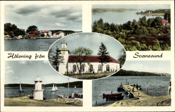 Postcard Svanesund Sweden, partial view, church, jetty, lighthouse