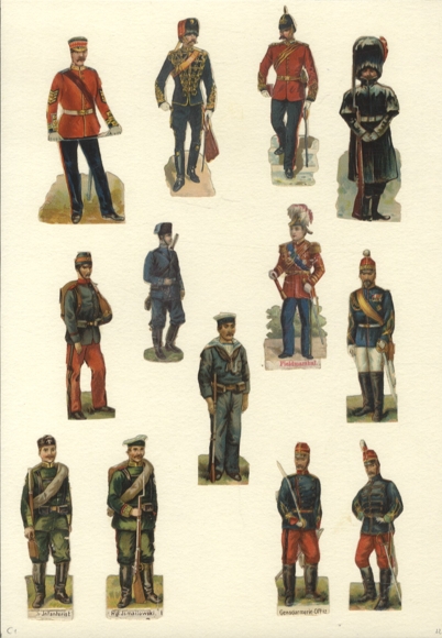 13 wafer soldiers in different uniforms, size approx. 8 x 2.5 cm each
