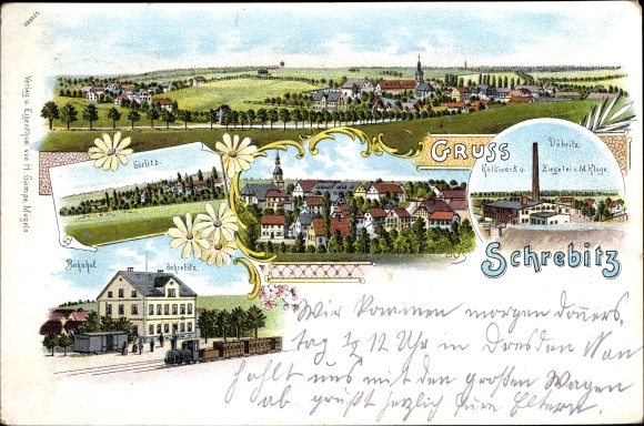 Litho Schrebitz Ostrau in Sachsen, Totalansicht, Bahnhof, Fabrik