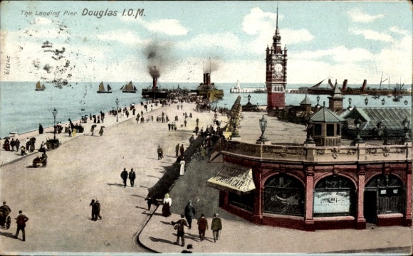 PC Douglas Isle of Man, harbor view, walkers, ships, buildings, clock tower