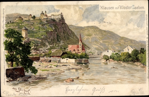Artist Chromo-Litho Strützel, Otto, Klausen Chiusa d&#39;Isarco South Tyrol, Säben Monastery