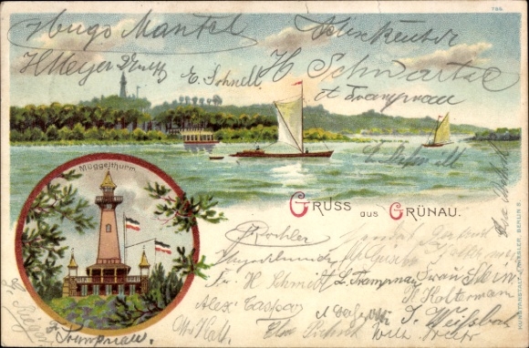 Litho Berlin Köpenick Grünau, Müggelturm, Segelboote auf dem Wasser