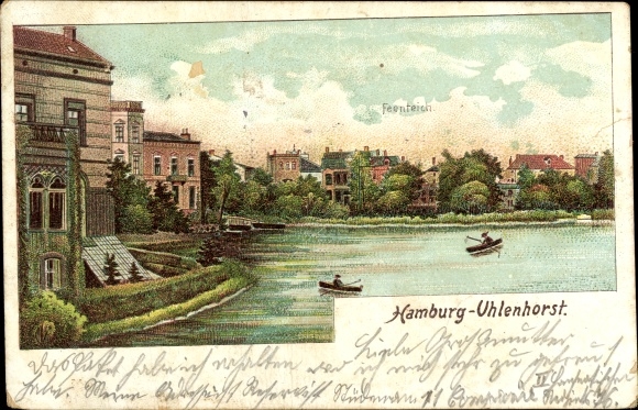 Chromo-Litho Hamburg Nord Uhlenhorst, rowing party, villa