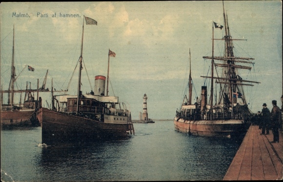 Postcard Malmo Sweden, Partie af hamnen, boats, lighthouse