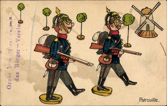 Postcard patrol, German soldiers, uniforms, windmill