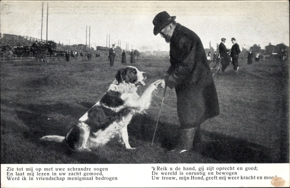 Postcard Hund gibt Pfötchen, Look up to me with thine shrewd eyes..., Bernharddiner