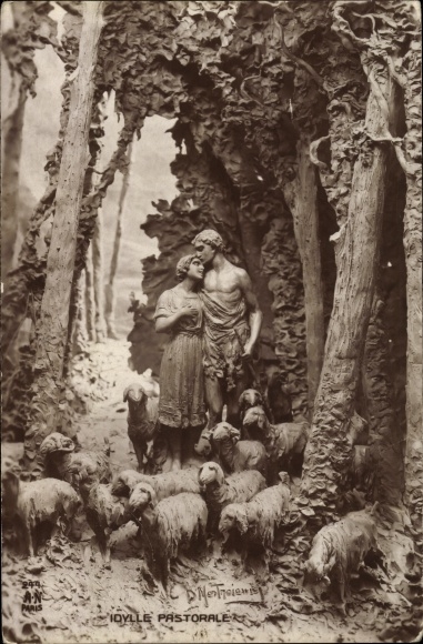 Artist PC Mastroianni, D., lovers in the forest, sheep, pastoral idyll