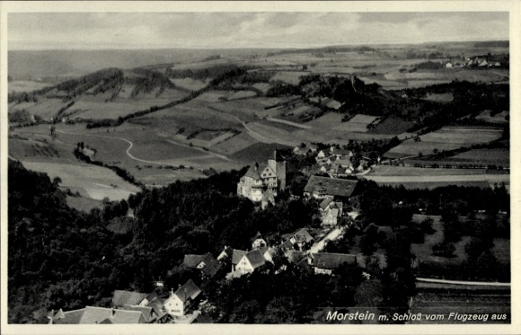 Postcard Morstein Gerabronn Baden Württemberg, aerial view of castle visible, rural surroundings